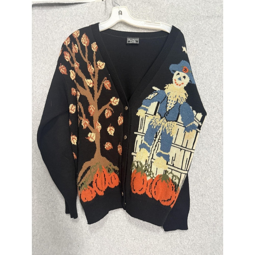 Southern Lady Cardigan Sweater Womens XL Black Pumpkin Scarecrow Halloween